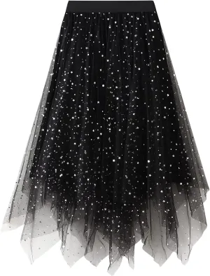 Women A Line Tulle Skirts High Waist Irregular Ruffle Layered Fashion Midi Skirt Party Evening Mesh Long Skirt