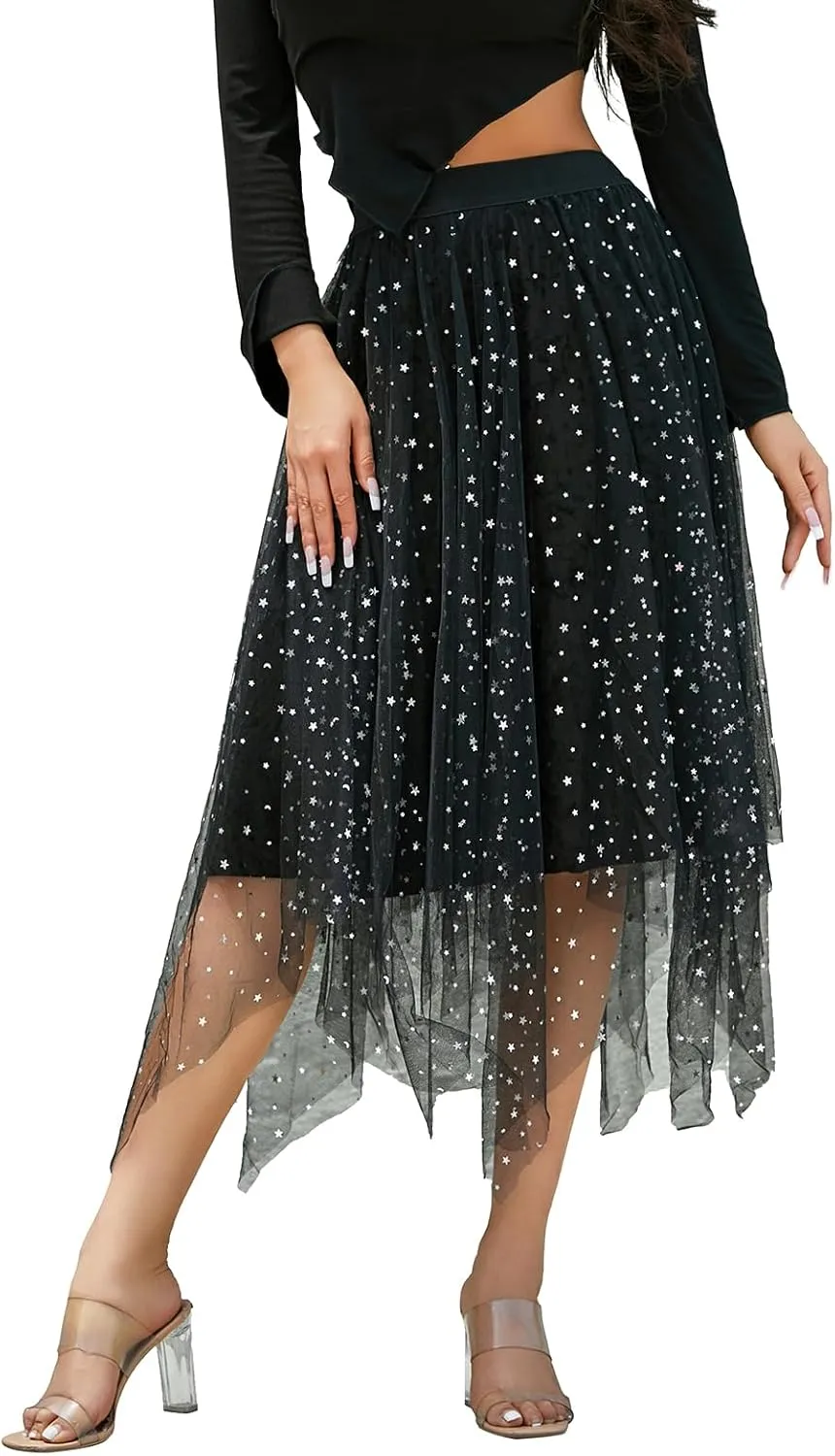 Women A Line Tulle Skirts High Waist Irregular Ruffle Layered Fashion Midi Skirt Party Evening Mesh Long Skirt
