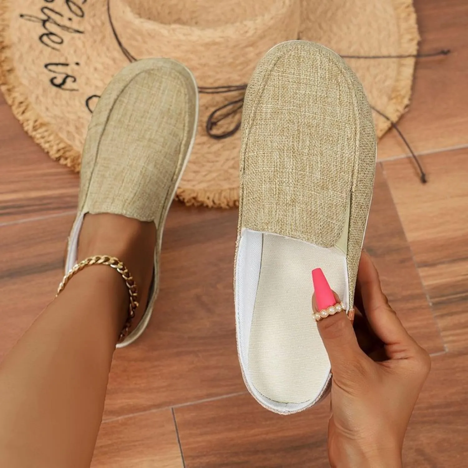Women Canvas Slip On Lightweight Mule Sneaker,Summer Fashion Back Flats Walking Shoes Closed Round Toe Low Top Casual Loafer Comfort Leopard Print Flat Slippers,Non-Slip Sneakers 2025