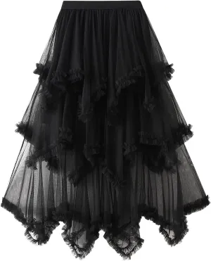 Women Layered Tulle Long Skirt, Fashion High Waist Solid Color Frill Trim Ruffle Midi Skirt