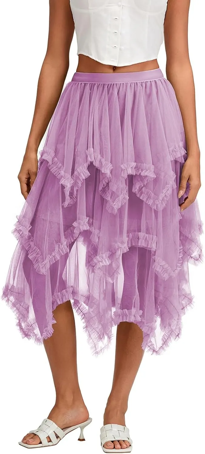 Women Layered Tulle Long Skirt, Fashion High Waist Solid Color Frill Trim Ruffle Midi Skirt