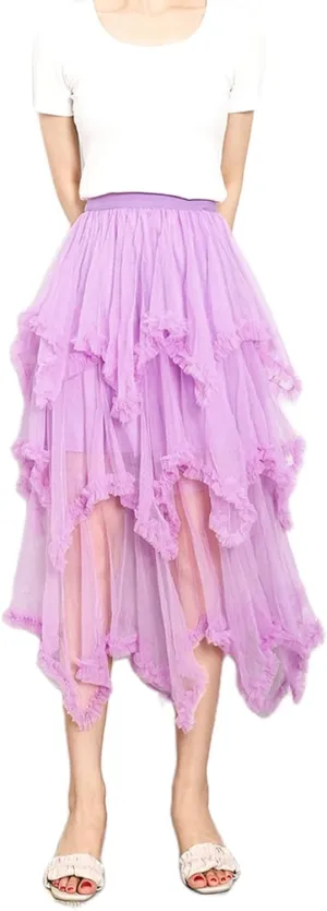 Women Layered Tulle Long Skirt, Fashion High Waist Solid Color Frill Trim Ruffle Midi Skirt