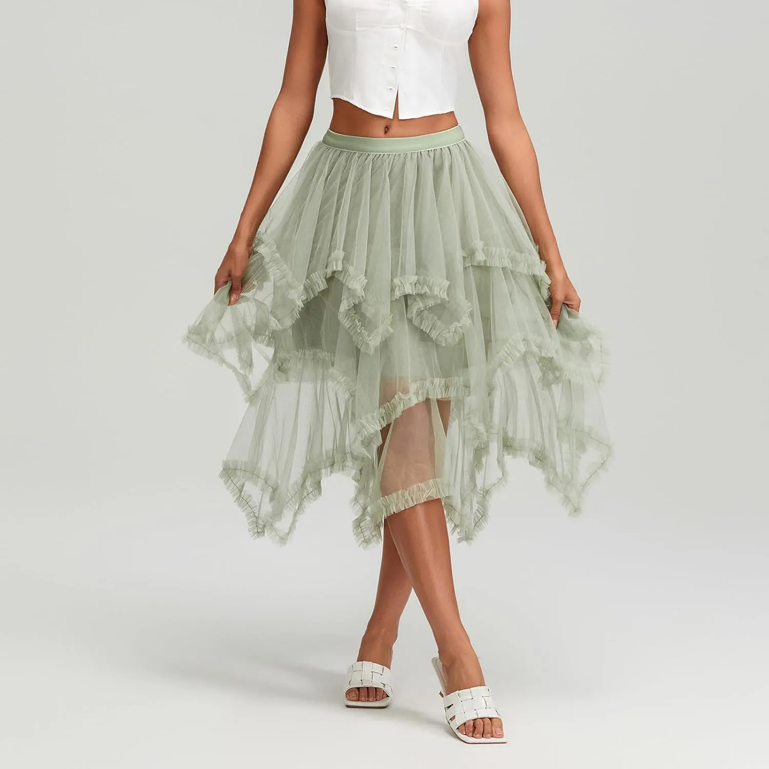 Women Layered Tulle Long Skirt, Fashion High Waist Solid Color Frill Trim Ruffle Midi Skirt
