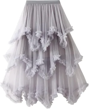 Women Layered Tulle Long Skirt, Fashion High Waist Solid Color Frill Trim Ruffle Midi Skirt