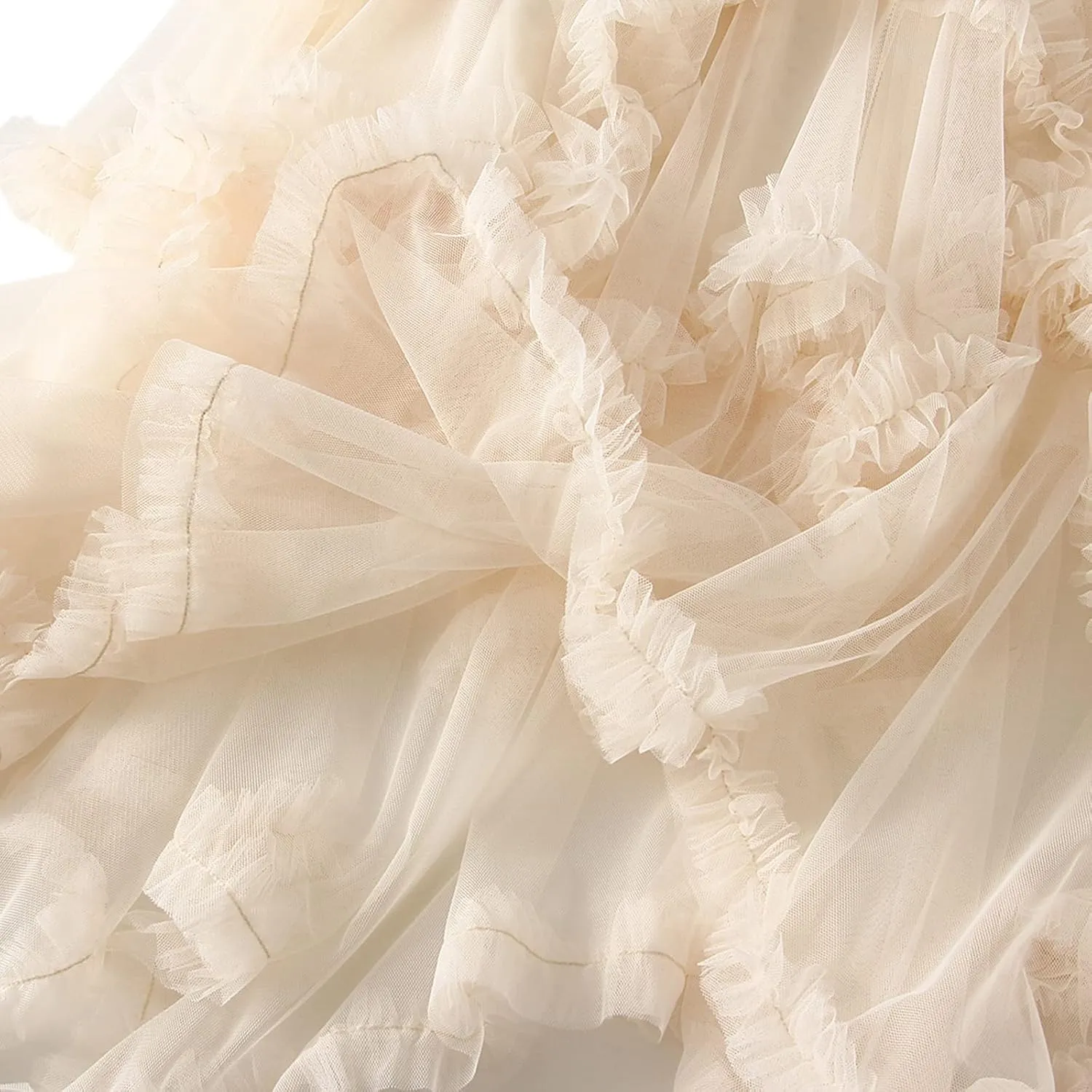 Women Layered Tulle Long Skirt, Fashion High Waist Solid Color Frill Trim Ruffle Midi Skirt