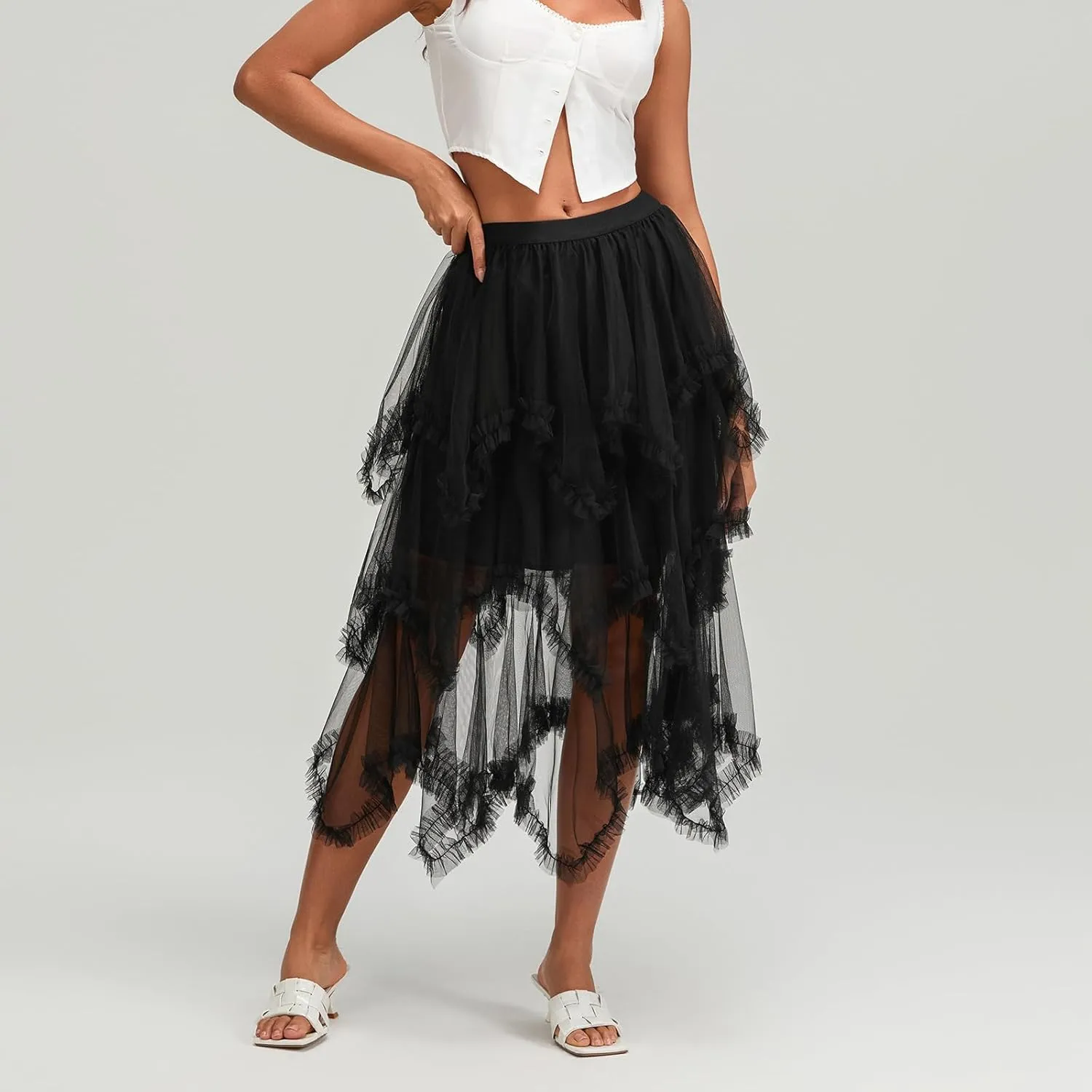 Women Layered Tulle Long Skirt, Fashion High Waist Solid Color Frill Trim Ruffle Midi Skirt