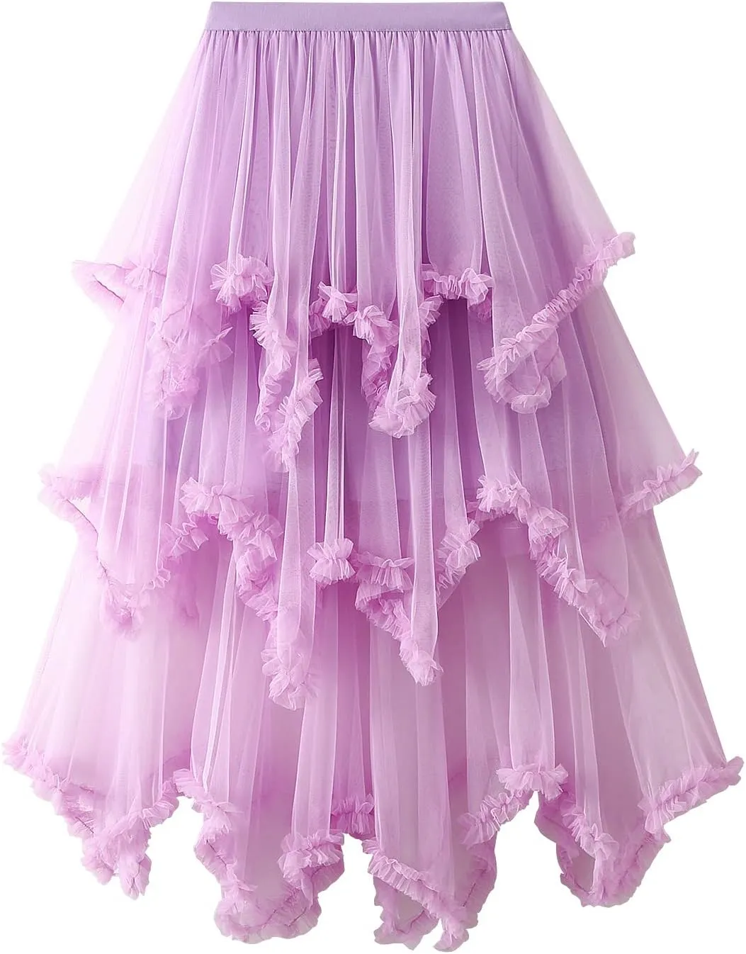 Women Layered Tulle Long Skirt, Fashion High Waist Solid Color Frill Trim Ruffle Midi Skirt