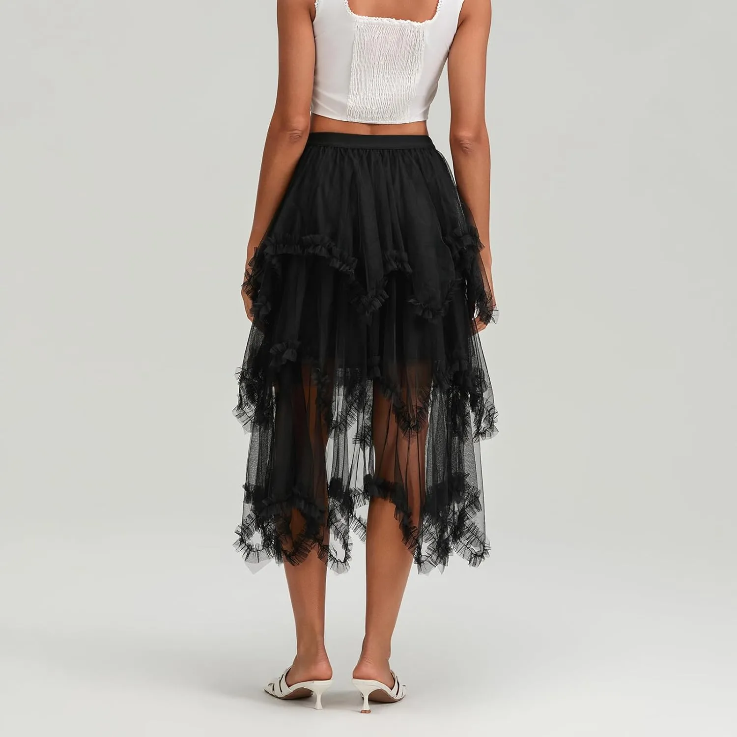 Women Layered Tulle Long Skirt, Fashion High Waist Solid Color Frill Trim Ruffle Midi Skirt