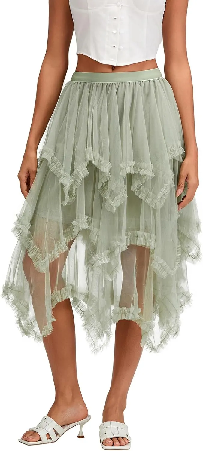 Women Layered Tulle Long Skirt, Fashion High Waist Solid Color Frill Trim Ruffle Midi Skirt