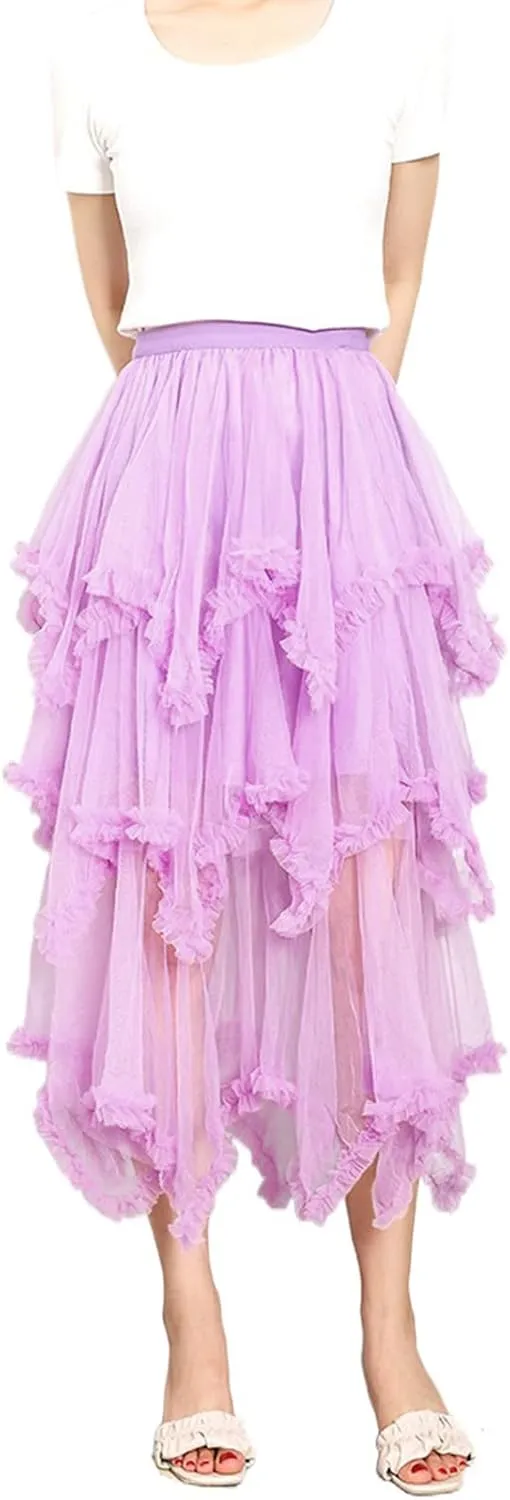 Women Layered Tulle Long Skirt, Fashion High Waist Solid Color Frill Trim Ruffle Midi Skirt