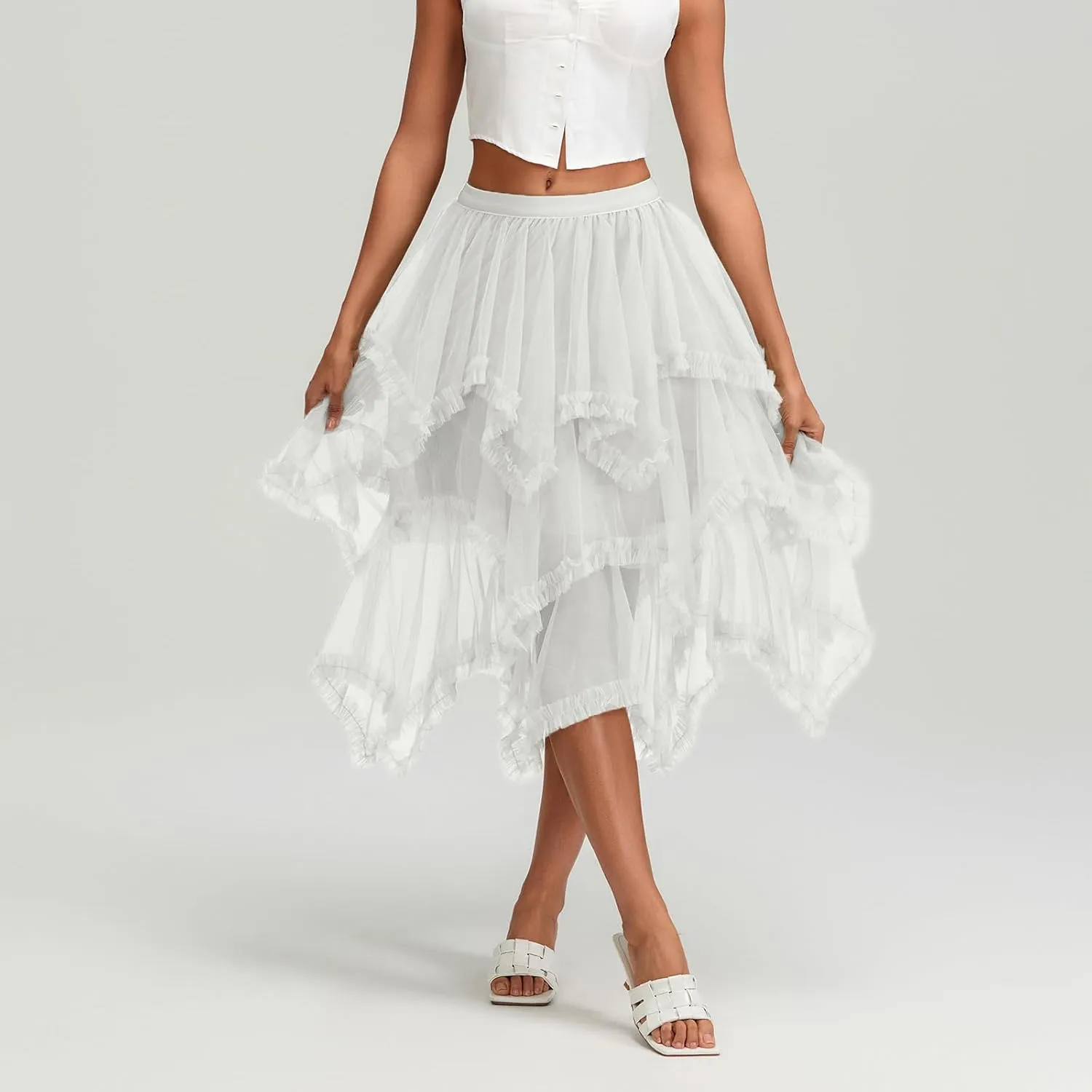 Women Layered Tulle Long Skirt, Fashion High Waist Solid Color Frill Trim Ruffle Midi Skirt