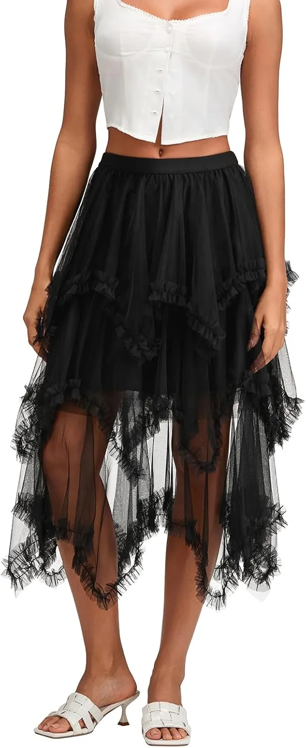 Women Layered Tulle Long Skirt, Fashion High Waist Solid Color Frill Trim Ruffle Midi Skirt