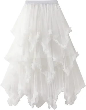 Women Layered Tulle Long Skirt, Fashion High Waist Solid Color Frill Trim Ruffle Midi Skirt