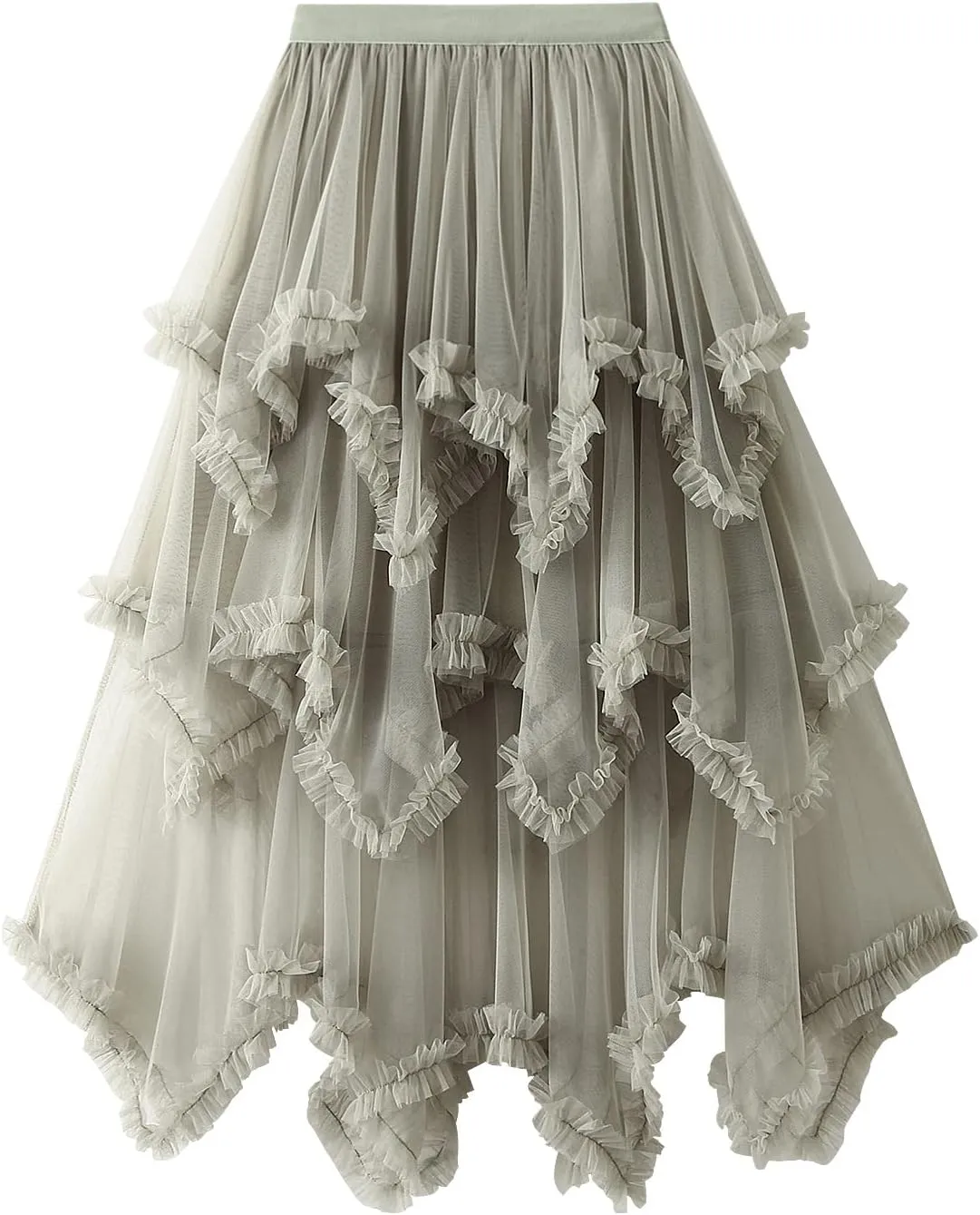 Women Layered Tulle Long Skirt, Fashion High Waist Solid Color Frill Trim Ruffle Midi Skirt