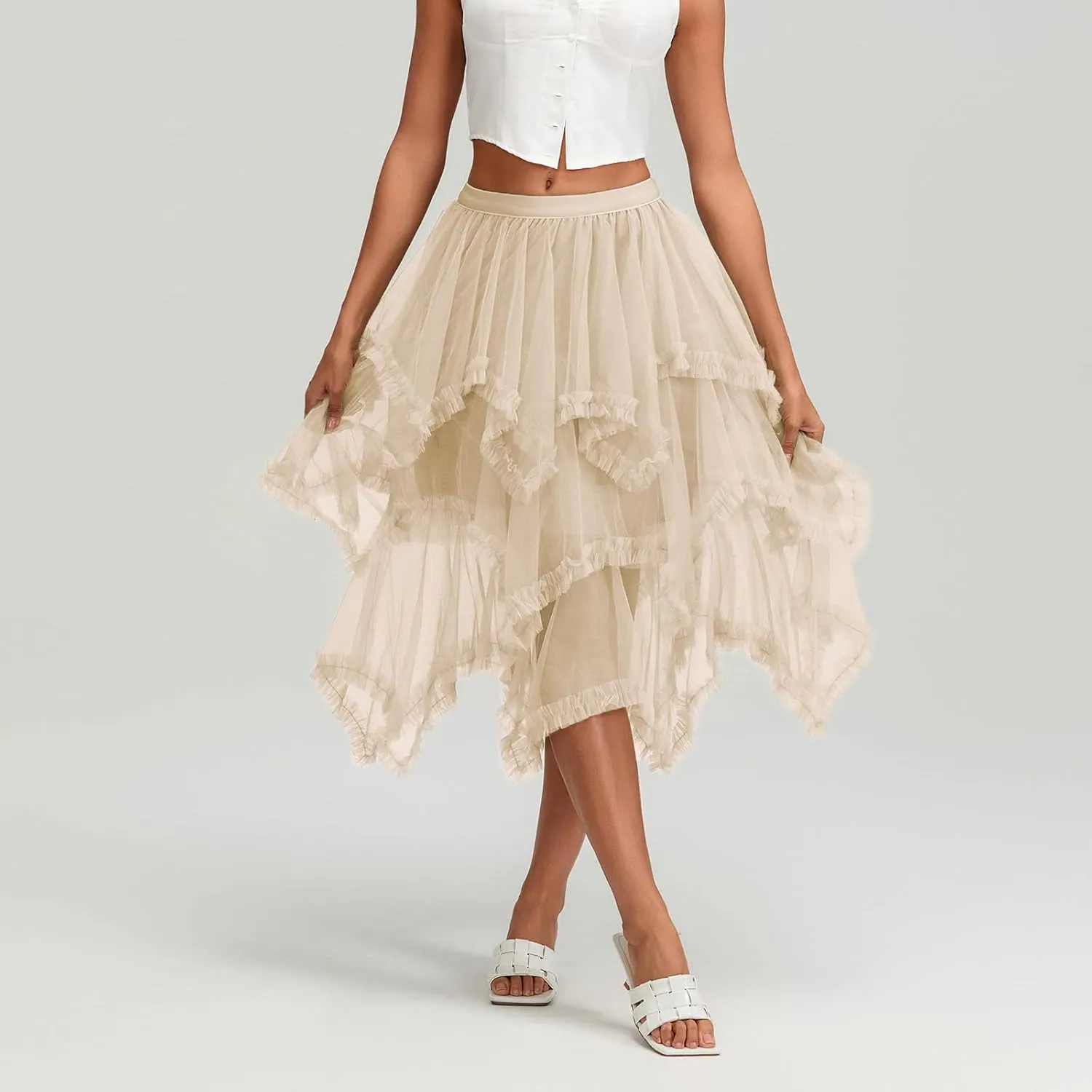 Women Layered Tulle Long Skirt, Fashion High Waist Solid Color Frill Trim Ruffle Midi Skirt