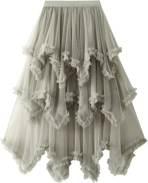 Women Layered Tulle Long Skirt, Fashion High Waist Solid Color Frill Trim Ruffle Midi Skirt