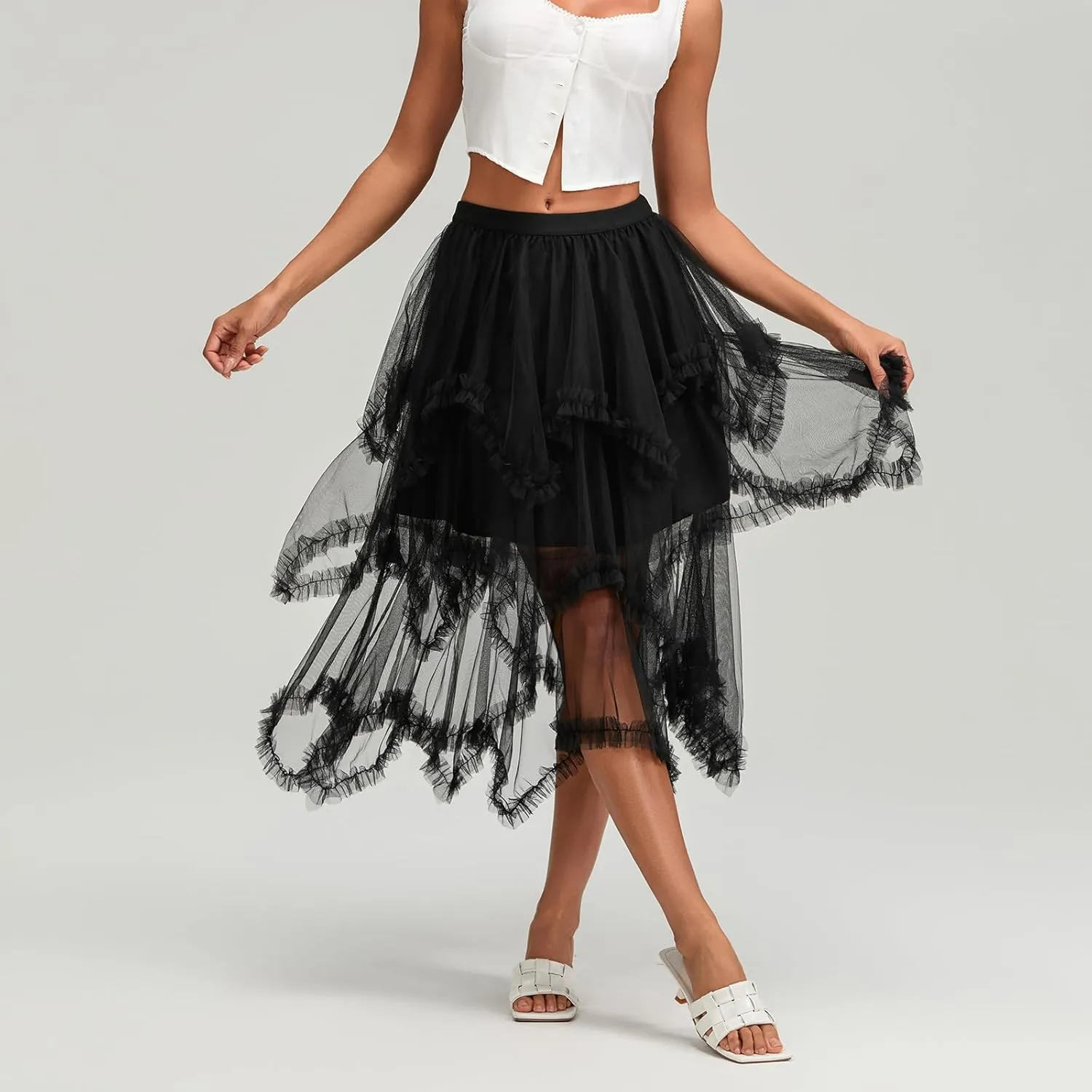 Women Layered Tulle Long Skirt, Fashion High Waist Solid Color Frill Trim Ruffle Midi Skirt