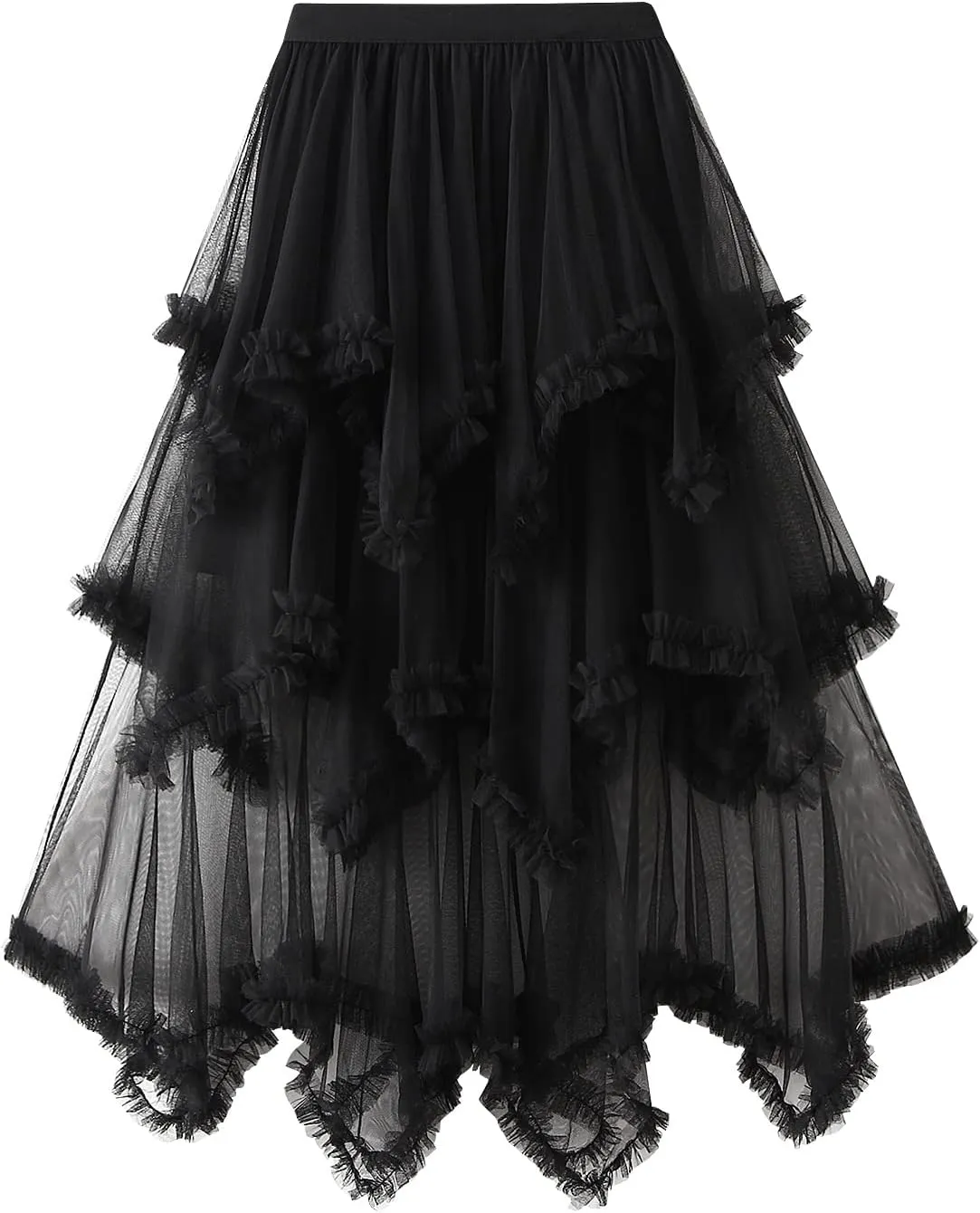 Women Layered Tulle Long Skirt, Fashion High Waist Solid Color Frill Trim Ruffle Midi Skirt