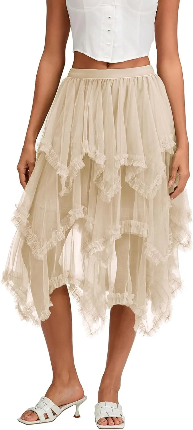 Women Layered Tulle Long Skirt, Fashion High Waist Solid Color Frill Trim Ruffle Midi Skirt