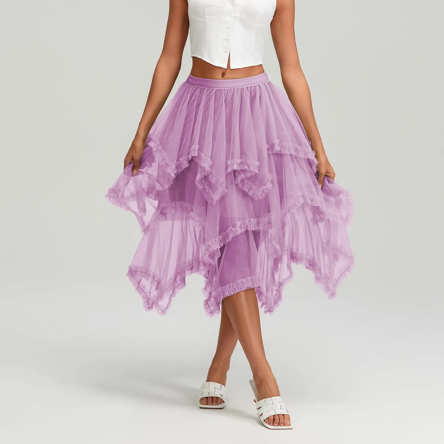 Women Layered Tulle Long Skirt, Fashion High Waist Solid Color Frill Trim Ruffle Midi Skirt