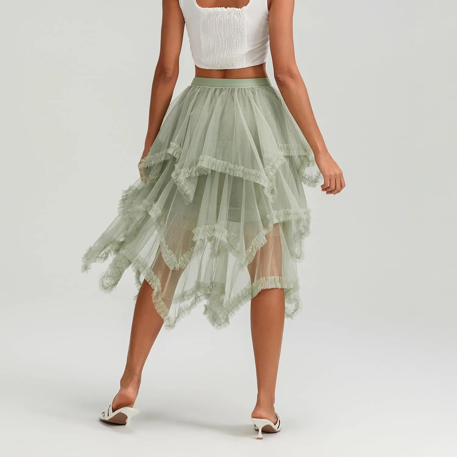 Women Layered Tulle Long Skirt, Fashion High Waist Solid Color Frill Trim Ruffle Midi Skirt