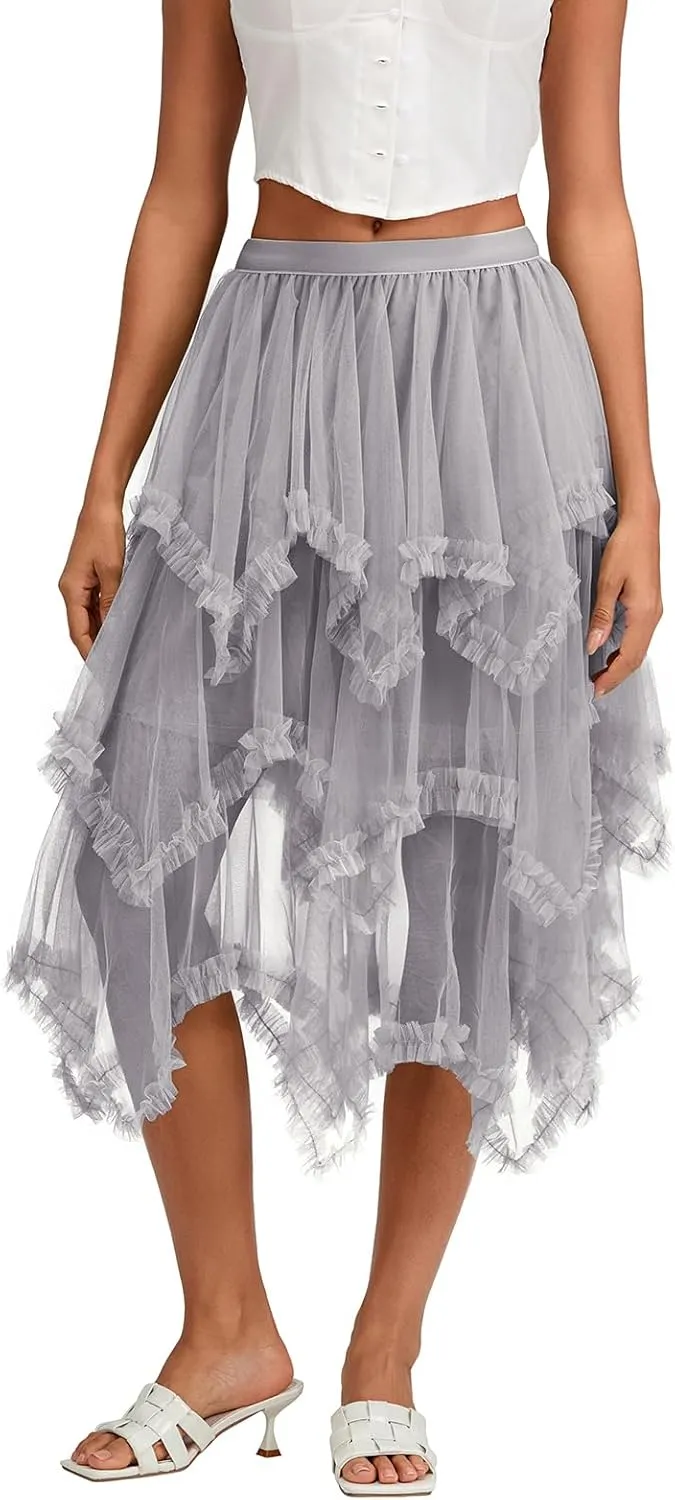 Women Layered Tulle Long Skirt, Fashion High Waist Solid Color Frill Trim Ruffle Midi Skirt