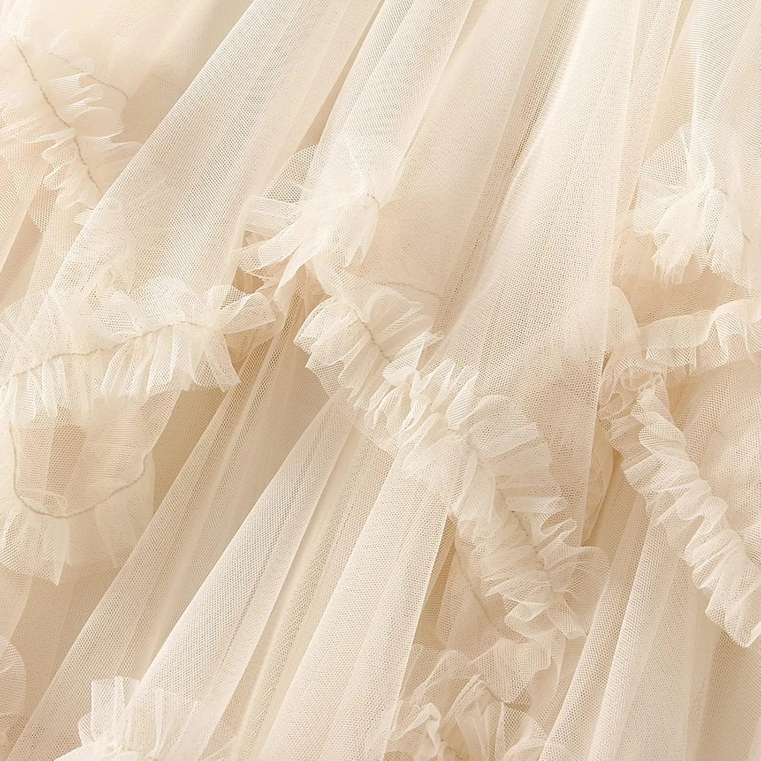 Women Layered Tulle Long Skirt, Fashion High Waist Solid Color Frill Trim Ruffle Midi Skirt