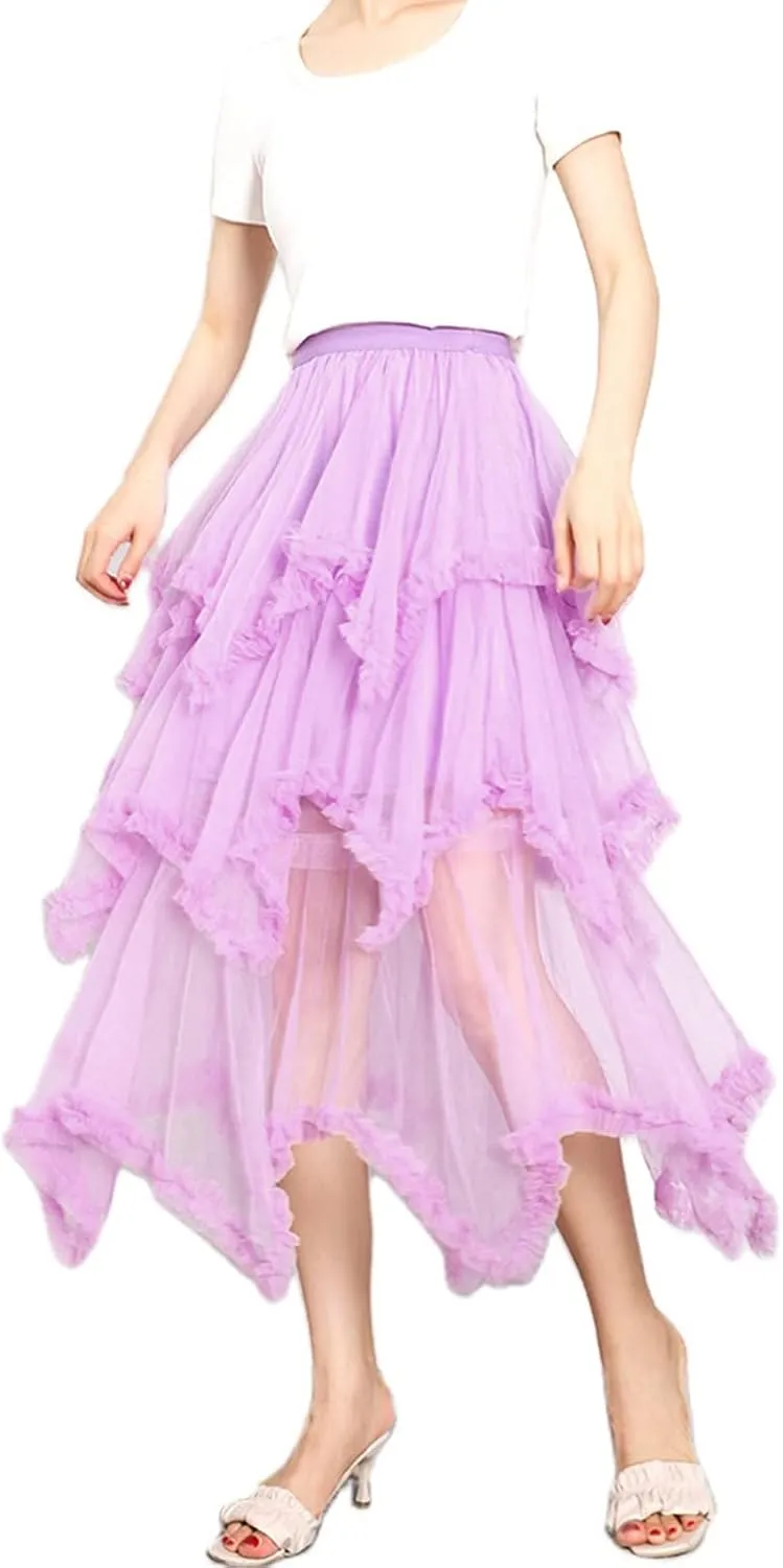 Women Layered Tulle Long Skirt, Fashion High Waist Solid Color Frill Trim Ruffle Midi Skirt