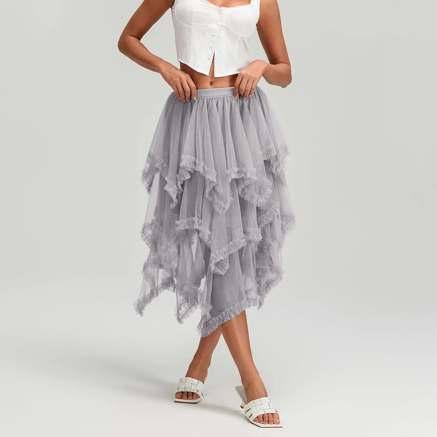 Women Layered Tulle Long Skirt, Fashion High Waist Solid Color Frill Trim Ruffle Midi Skirt