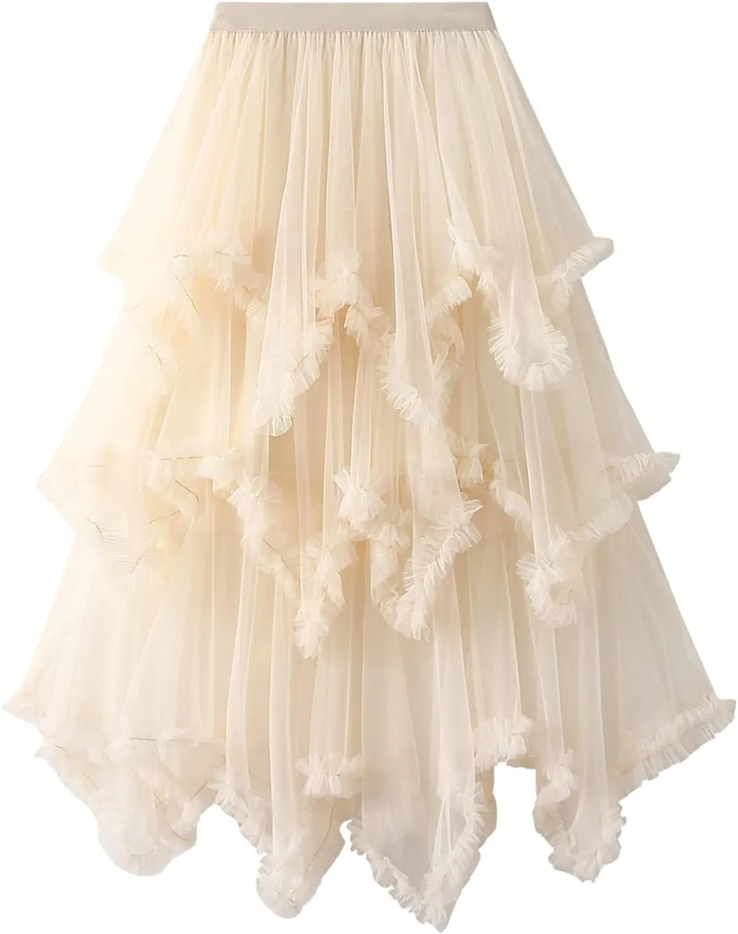 Women Layered Tulle Long Skirt, Fashion High Waist Solid Color Frill Trim Ruffle Midi Skirt
