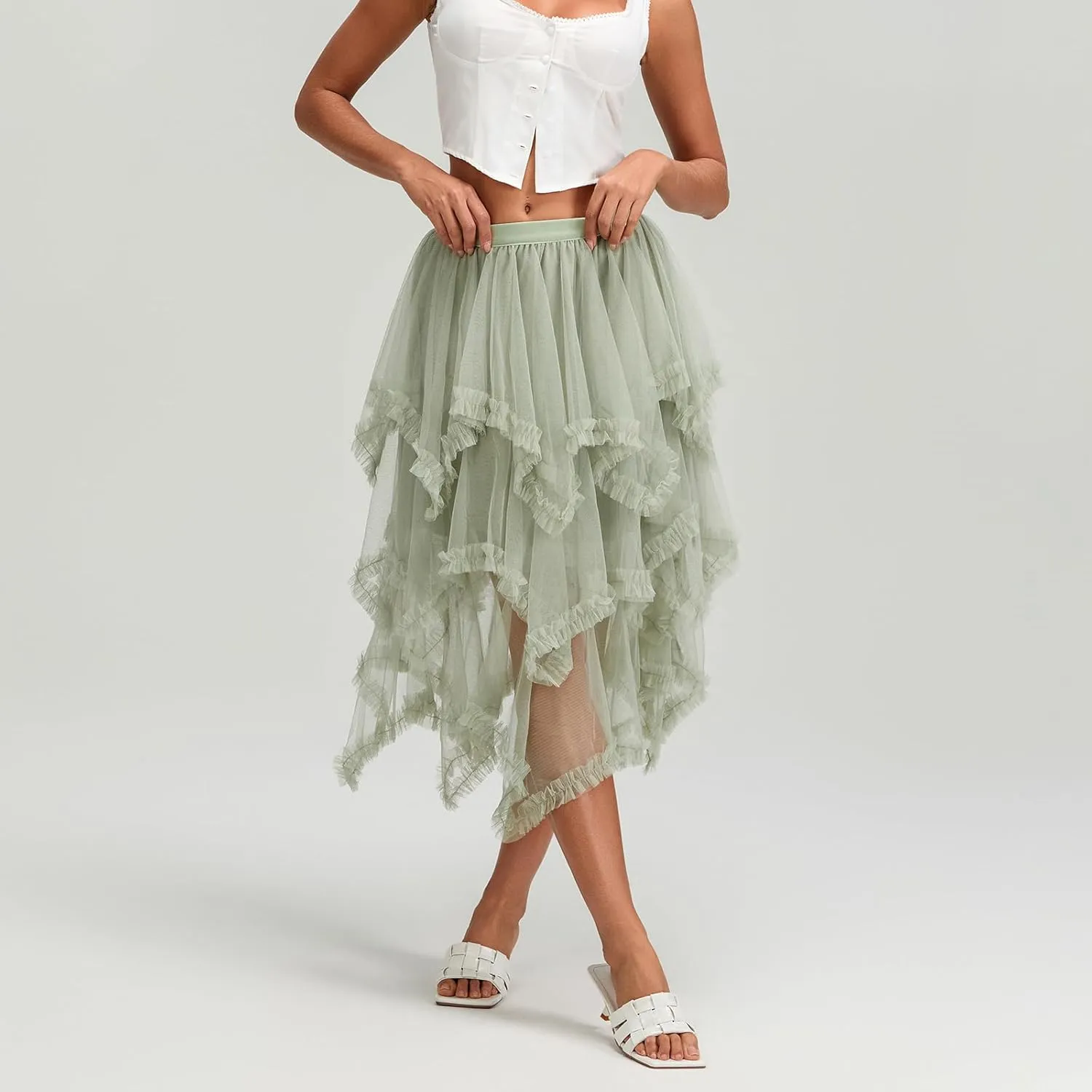 Women Layered Tulle Long Skirt, Fashion High Waist Solid Color Frill Trim Ruffle Midi Skirt