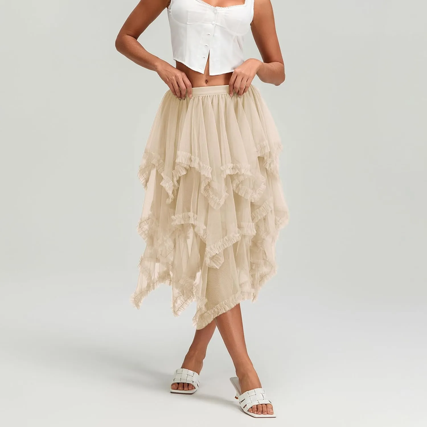 Women Layered Tulle Long Skirt, Fashion High Waist Solid Color Frill Trim Ruffle Midi Skirt