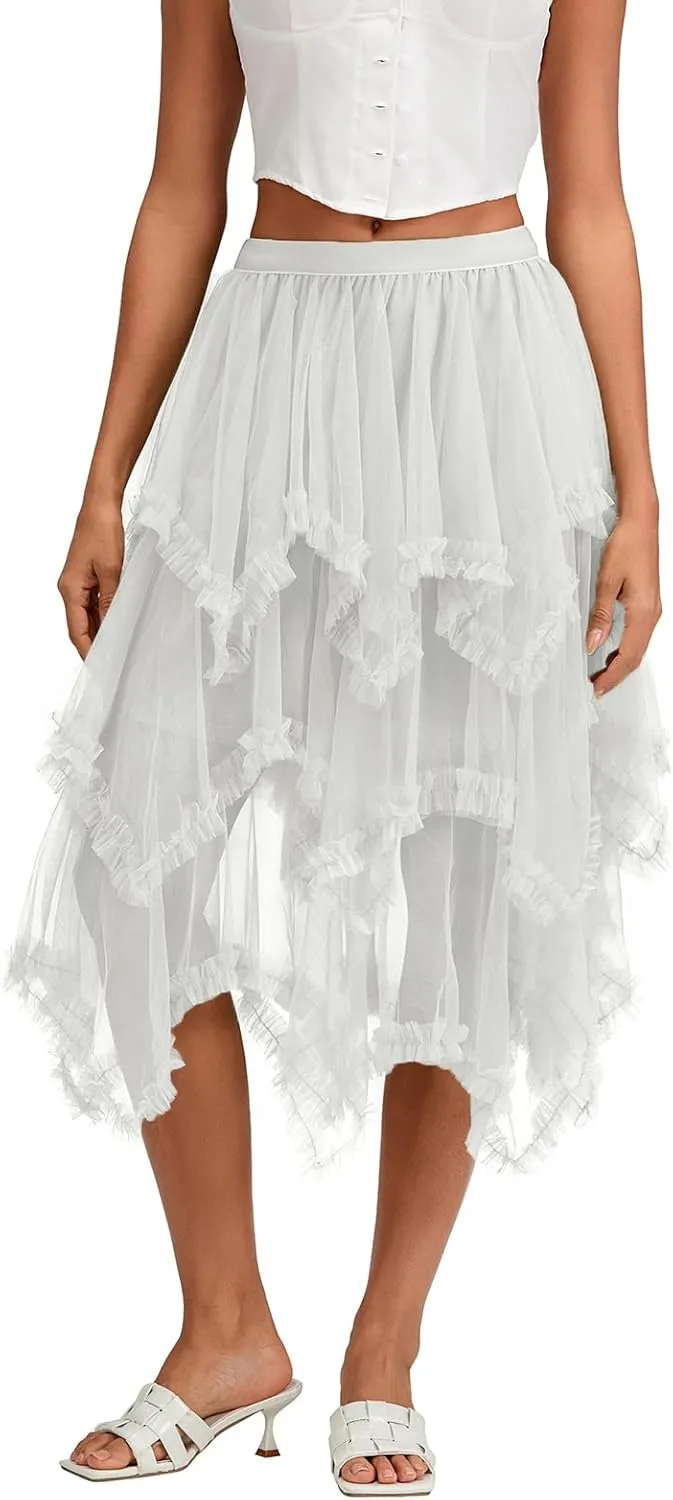 Women Layered Tulle Long Skirt, Fashion High Waist Solid Color Frill Trim Ruffle Midi Skirt