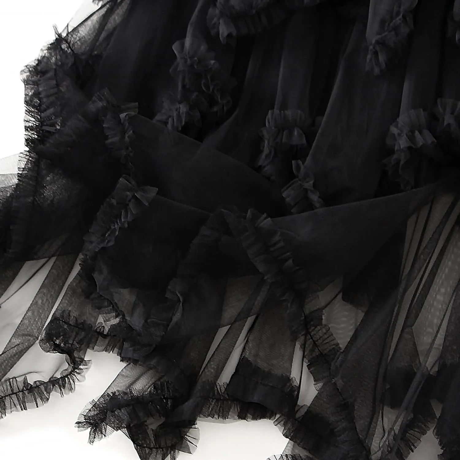 Women Layered Tulle Long Skirt High Waist Ruffle Midi Skirt Casual Cocktail Party A-Line Mesh Midi Skirt