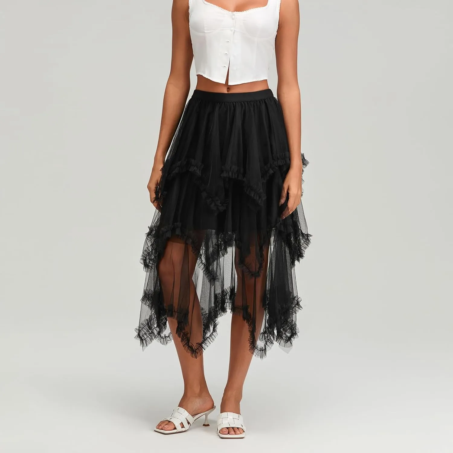 Women Layered Tulle Long Skirt High Waist Ruffle Midi Skirt Casual Cocktail Party A-Line Mesh Midi Skirt