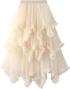 Women Layered Tulle Long Skirt High Waist Ruffle Midi Skirt Casual Cocktail Party A-Line Mesh Midi Skirt