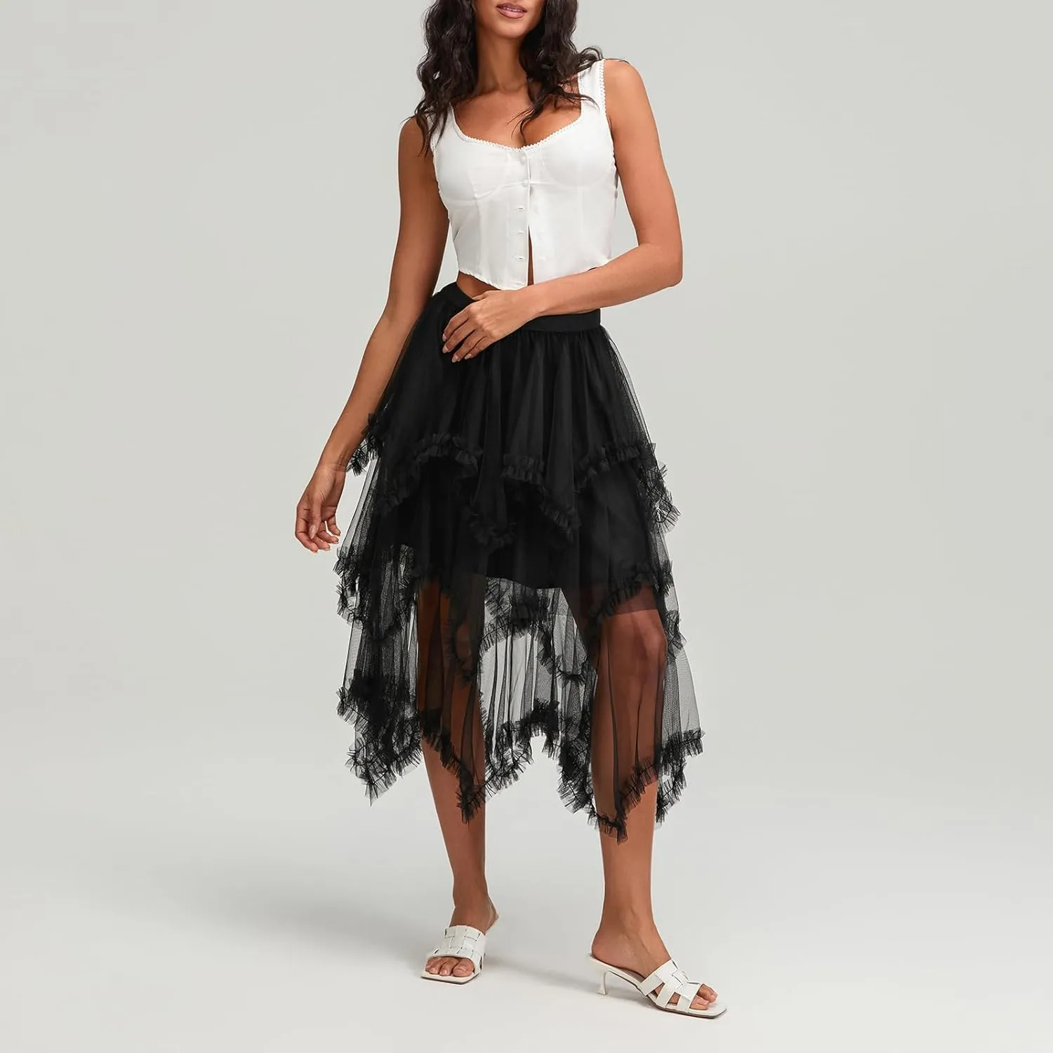 Women Layered Tulle Long Skirt High Waist Ruffle Midi Skirt Casual Cocktail Party A-Line Mesh Midi Skirt