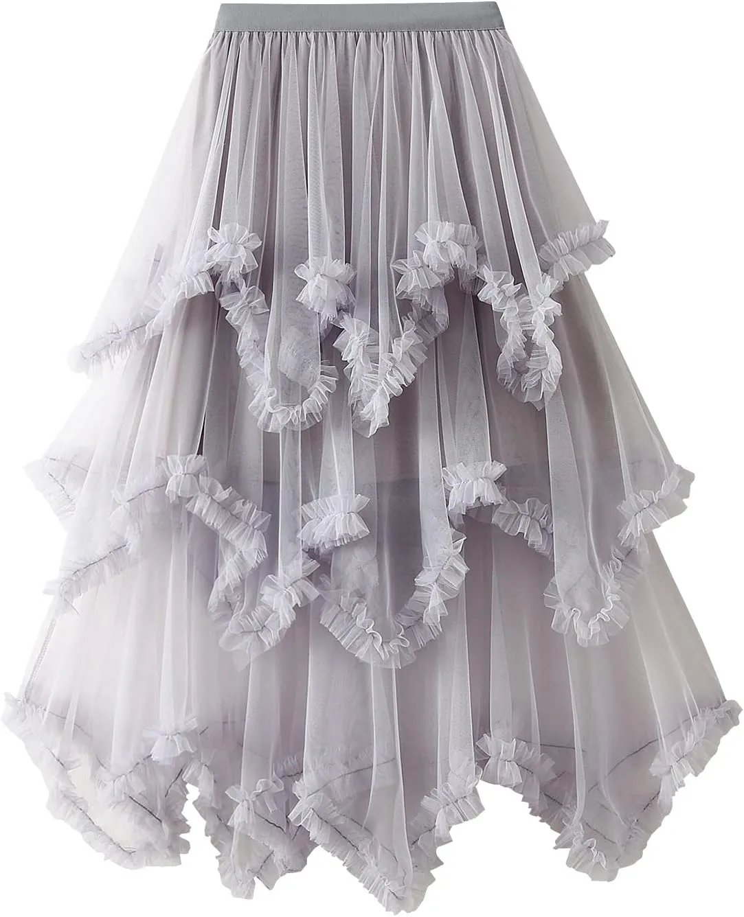 Women Layered Tulle Long Skirt High Waist Ruffle Midi Skirt Casual Cocktail Party A-Line Mesh Midi Skirt