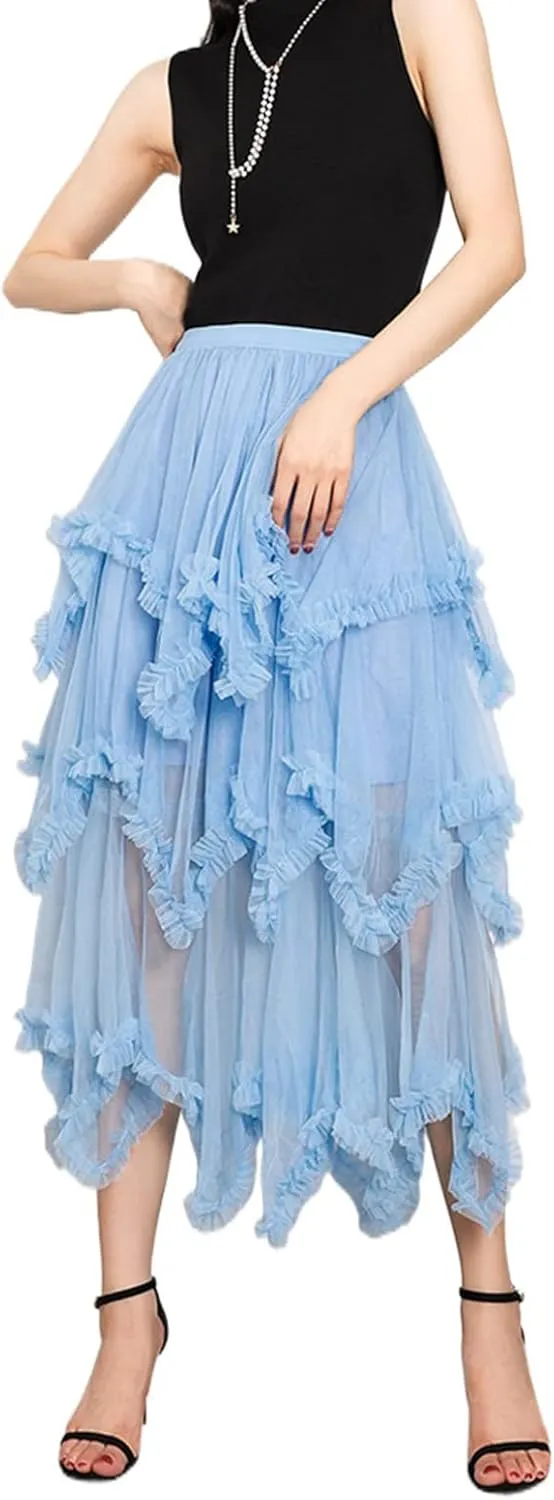 Women Layered Tulle Long Skirt High Waist Ruffle Midi Skirt Casual Cocktail Party A-Line Mesh Midi Skirt