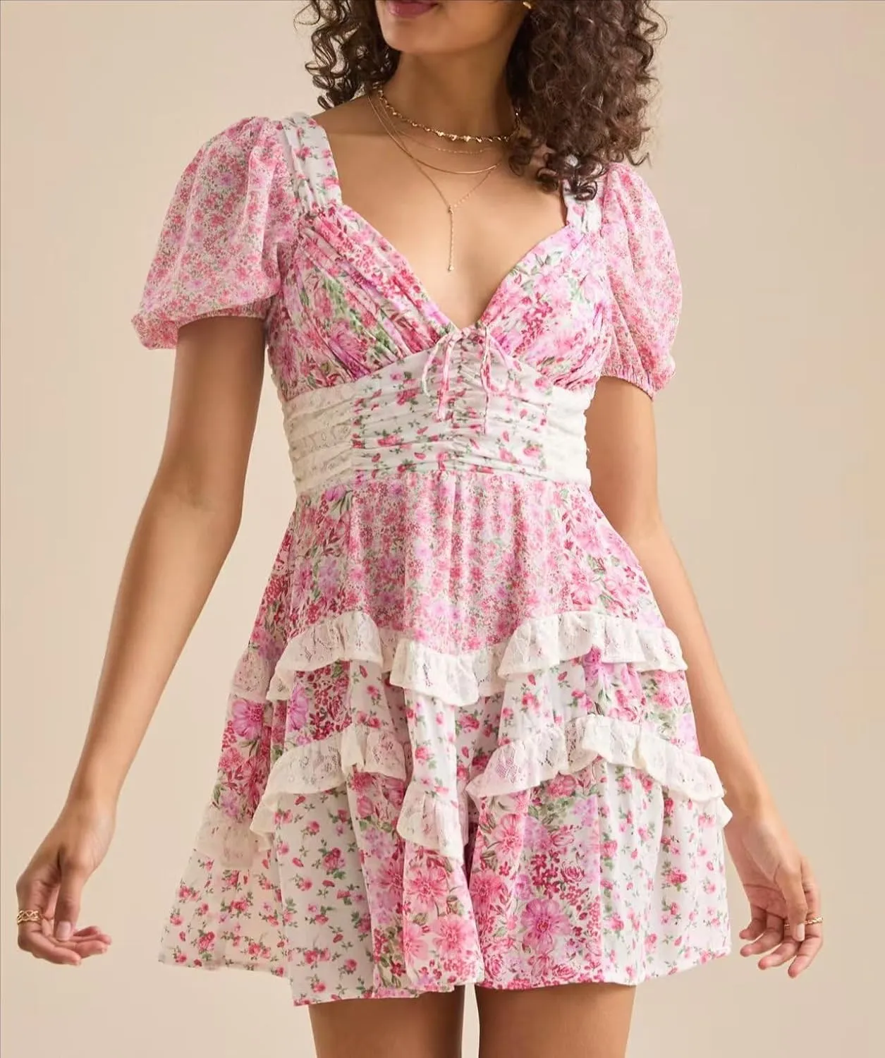 Women Mini Dress Floral Patchwork Y2k V Neck Tie Back Tiered Ruffle Bohemia Layered Casual Short Dress