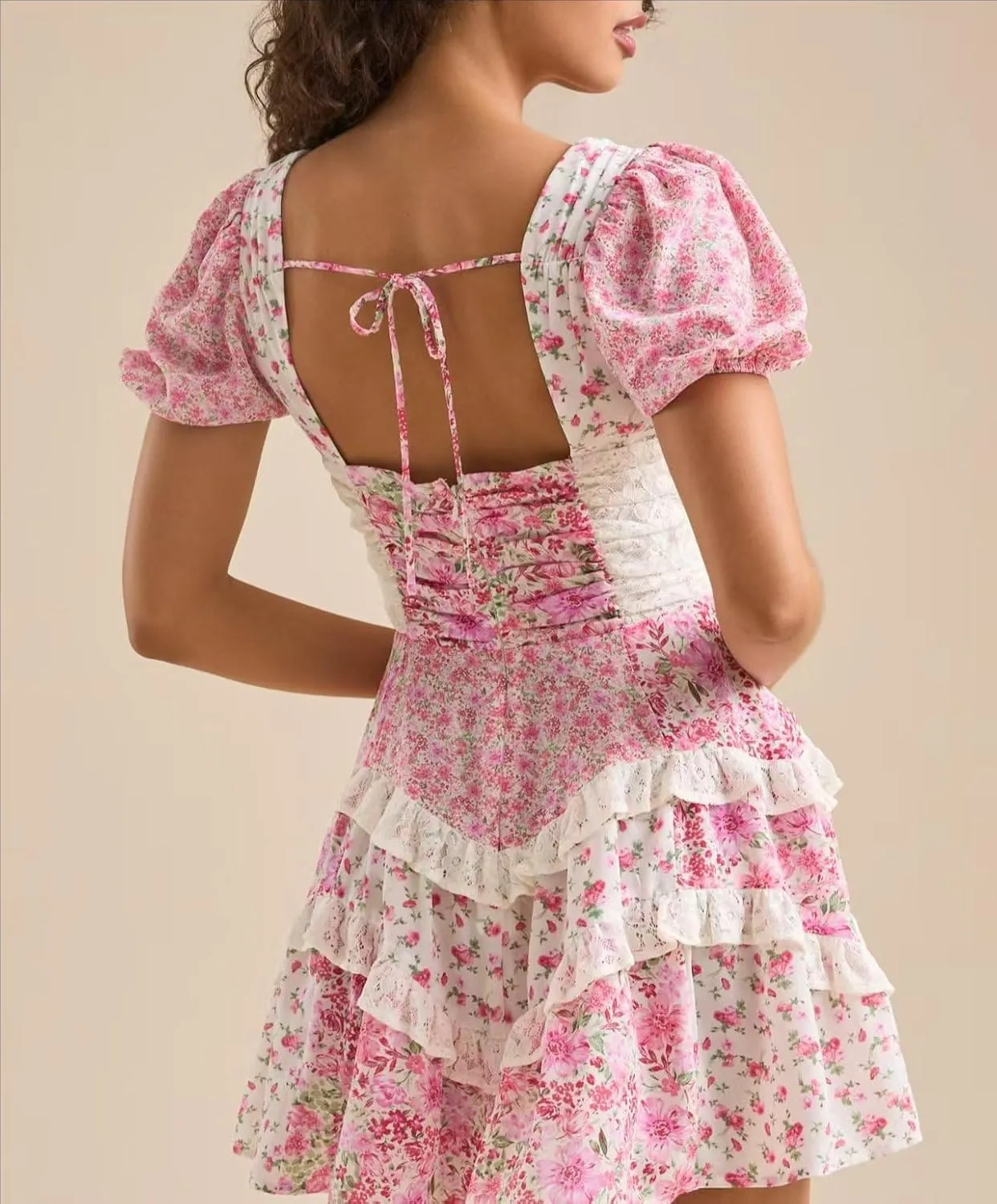Women Mini Dress Floral Patchwork Y2k V Neck Tie Back Tiered Ruffle Bohemia Layered Casual Short Dress