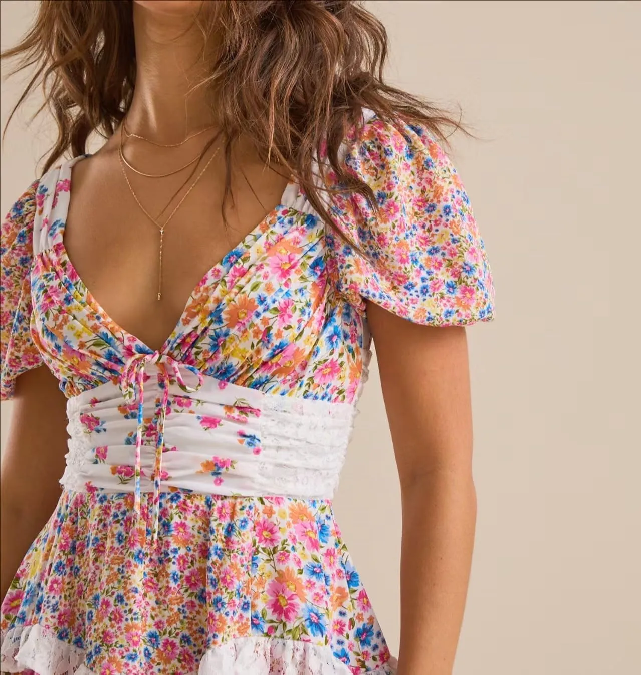Women Mini Dress Floral Patchwork Y2k V Neck Tie Back Tiered Ruffle Bohemia Layered Casual Short Dress
