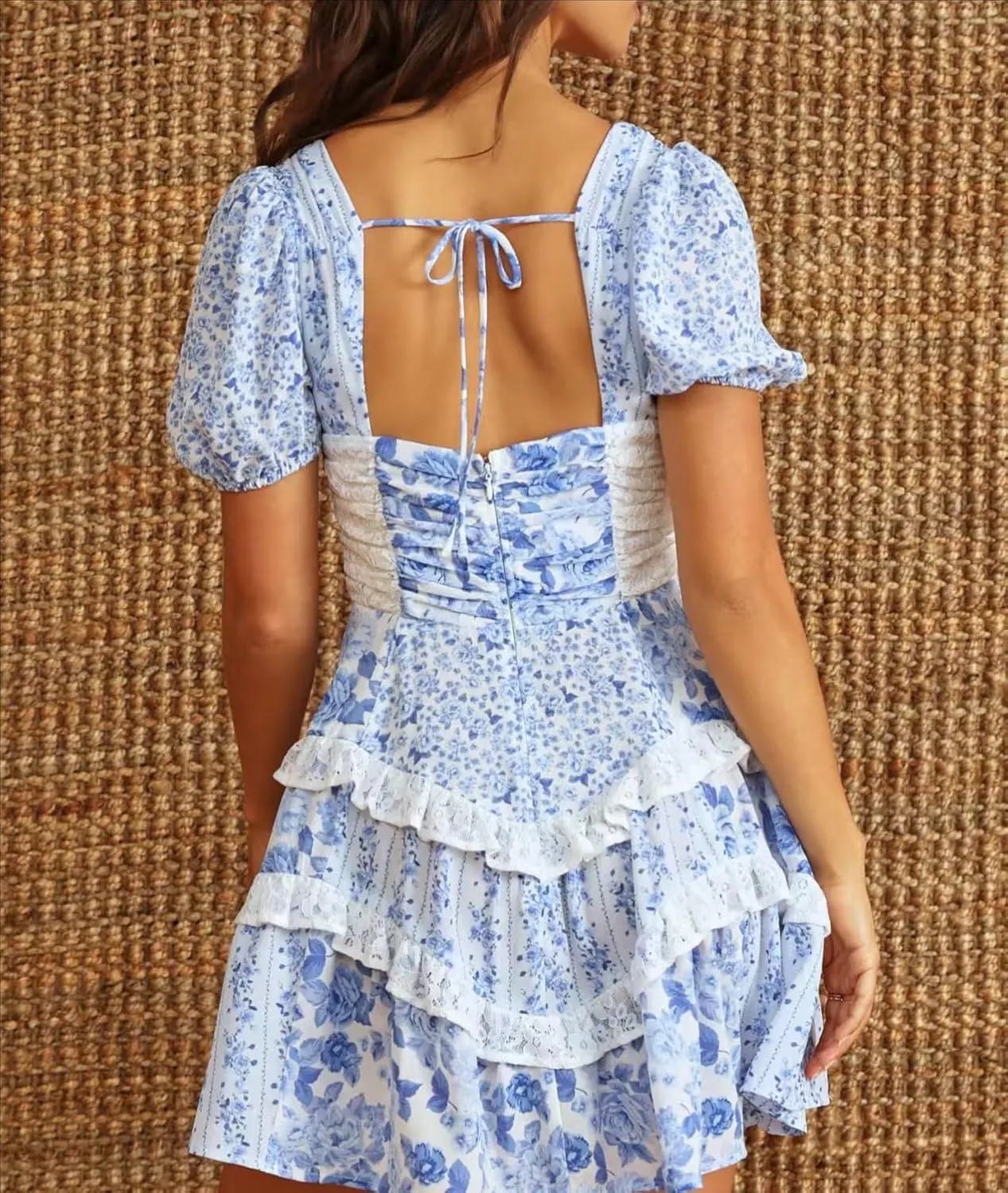 Women Mini Dress Floral Patchwork Y2k V Neck Tie Back Tiered Ruffle Bohemia Layered Casual Short Dress