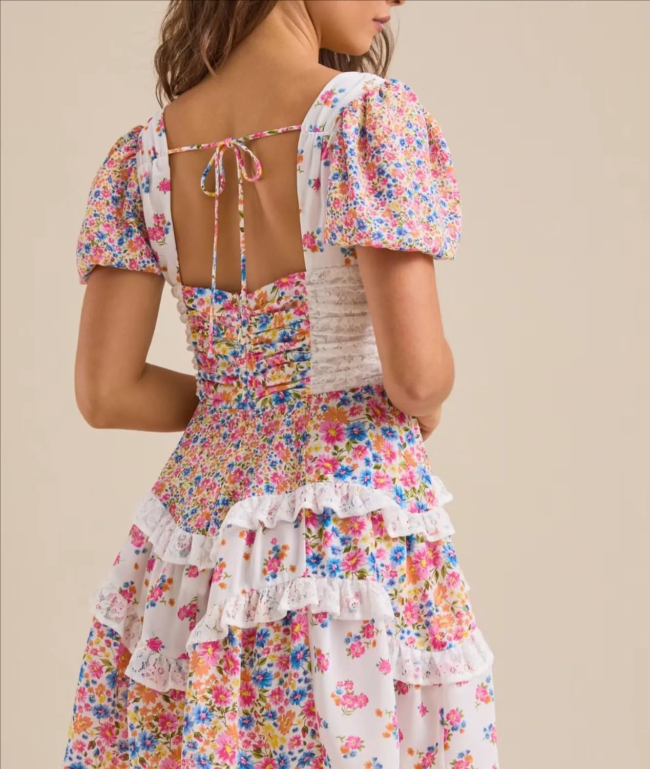 Women Mini Dress Floral Patchwork Y2k V Neck Tie Back Tiered Ruffle Bohemia Layered Casual Short Dress