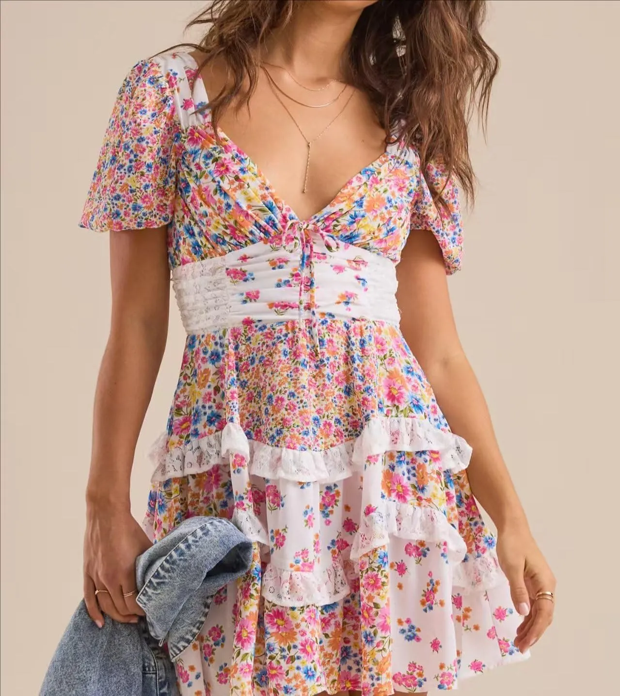 Women Mini Dress Floral Patchwork Y2k V Neck Tie Back Tiered Ruffle Bohemia Layered Casual Short Dress