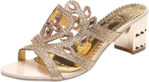 Women Rhinestone Chunky Heel Sandals Summer Vintage Low Block Heels Slip on Sandal Dressy Casual Slides 2025