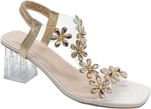 Women Rhinestone Flower Clear Block Heel Sandals,Fashion Elastic Ankle Strap Chunky High Heel Open Toe Sexy Elegant Dress Shoes Womens Flower Rhinestone Block Heel Sandals