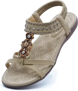 Women Sandals Comfortable Bohemian Flats Walking Strap Elastic Slip On Casual Beach Sandal Shoes for Summer
