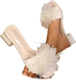 Women Satin Pearl Open Toe Low Heel Slides Fashion Square Toe Slip On Block Heels Slipper Sandals