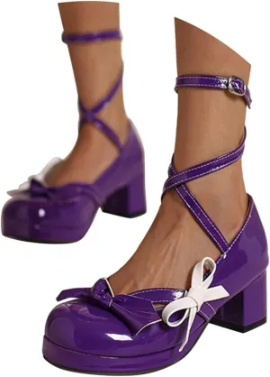 Women Summer lace-up heels Bow Decorated Casual Comfortable Lightweight Chunky Heel Sandals Bright Leather Block Color Closed Toe Stylish Slip on Sandals for Women